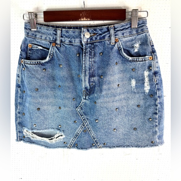 Topshop Moto 6 Distressed Blue Denim Studded Mini Skirt - Picture 6 of 6